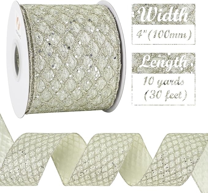 HUIHUANG Champagne Wired Ribbon 4 inch Glitter Christmas Tree Ribbon Diamond - Image 3