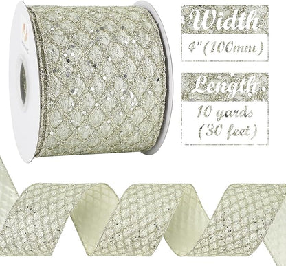 HUIHUANG Champagne Wired Ribbon 4 inch Glitter Christmas Tree Ribbon Diamond - Image 3
