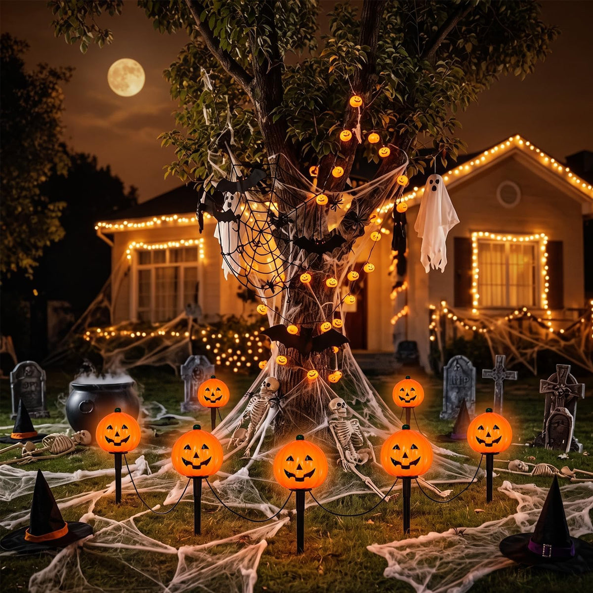2 Sets 7Ft Halloween Pathway Lights Outdoor Pumpkin Stake Light with 4 Jack-O Lantern Pumpkin Lights and 4 Stakes for Halloween Decorations Outdoor Walkway Pathway Driveway Garden Yard Lawn Light