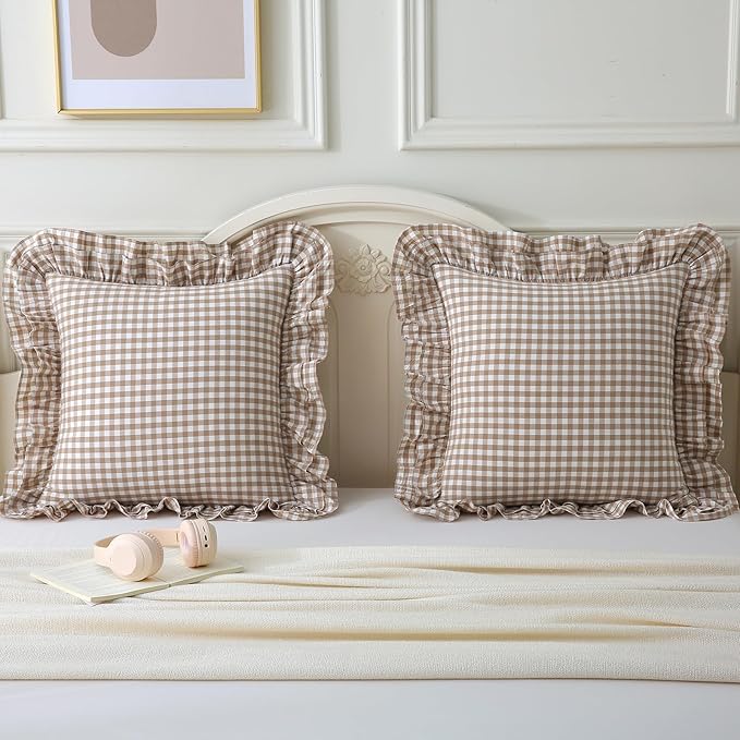Aryeleay 2 Pack Taupe White Plaid Ruffle Throw Pillow Covers, 100% Cotton - Image 7