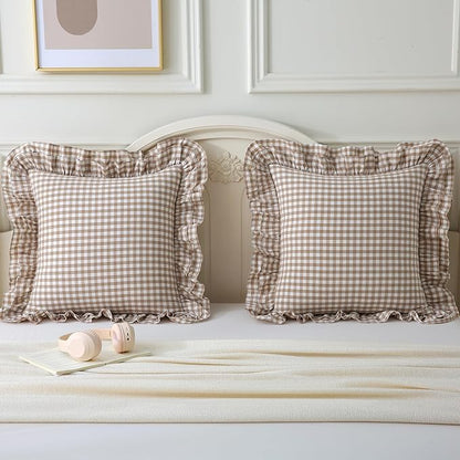 Aryeleay 2 Pack Taupe White Plaid Ruffle Throw Pillow Covers, 100% Cotton - Image 7