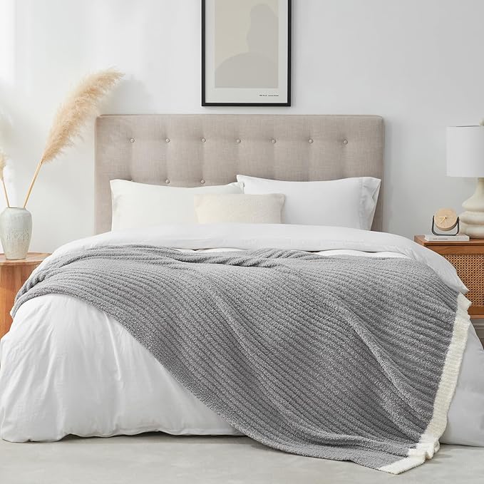 Snuggle Sac Fluffy Ribbed Grey Blanket Twin Size, Soft Luxurious Knit Fuzzy - Image 6