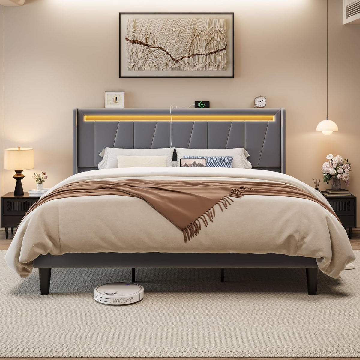 allewie king size led platform bed frame with shown in use