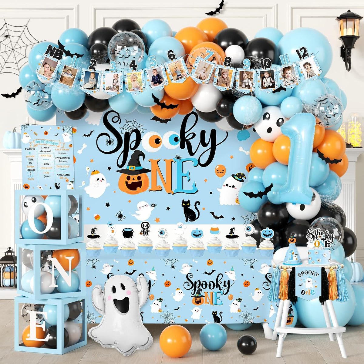 Spooky One Birthday Decorations Boy,123pcs Halloween 1st Birthday Party Decorations The Spooky One Banner Backdrop Tablecloth Cake Topper Balloon Arch for First birthday Halloween Decor