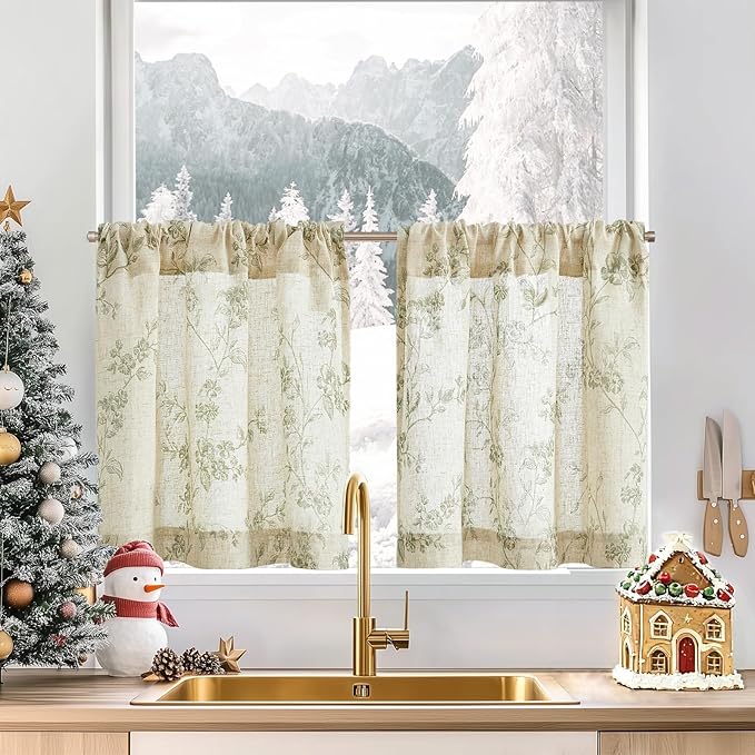 jinchan Floral Kitchen Curtains 24 Inch Linen Tier Curtains Christmas Decor by JINCHAN