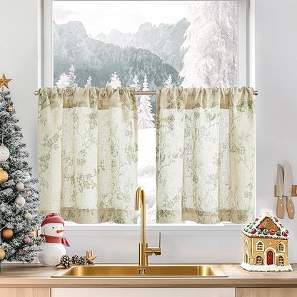 jinchan Floral Kitchen Curtains 24 Inch Linen Tier Curtains Christmas Decor by JINCHAN