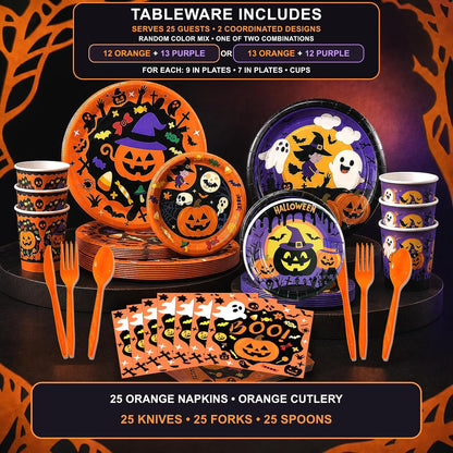 UJoyant 323PCS Halloween Party Decorations Set for 25 Guests, Orange Purple Tableware, 4 Balloon Boxes with 12 Custom-Designed Halloween Panels, Backdrop, Balloons and Photo Booth Props