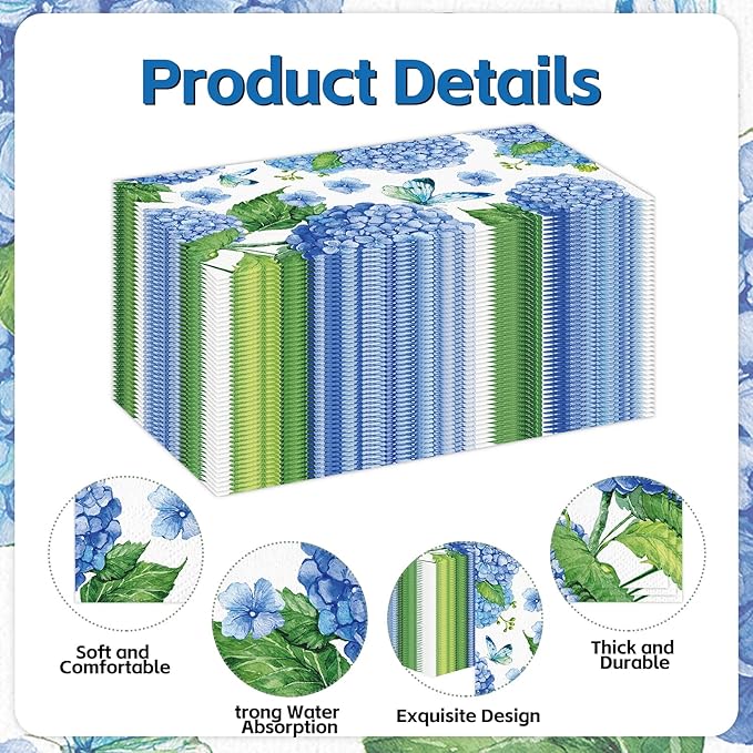 100 PCS Hydrangea Paper Napkins, Disposable Bathroom Hand Towels Blue and White - Image 3