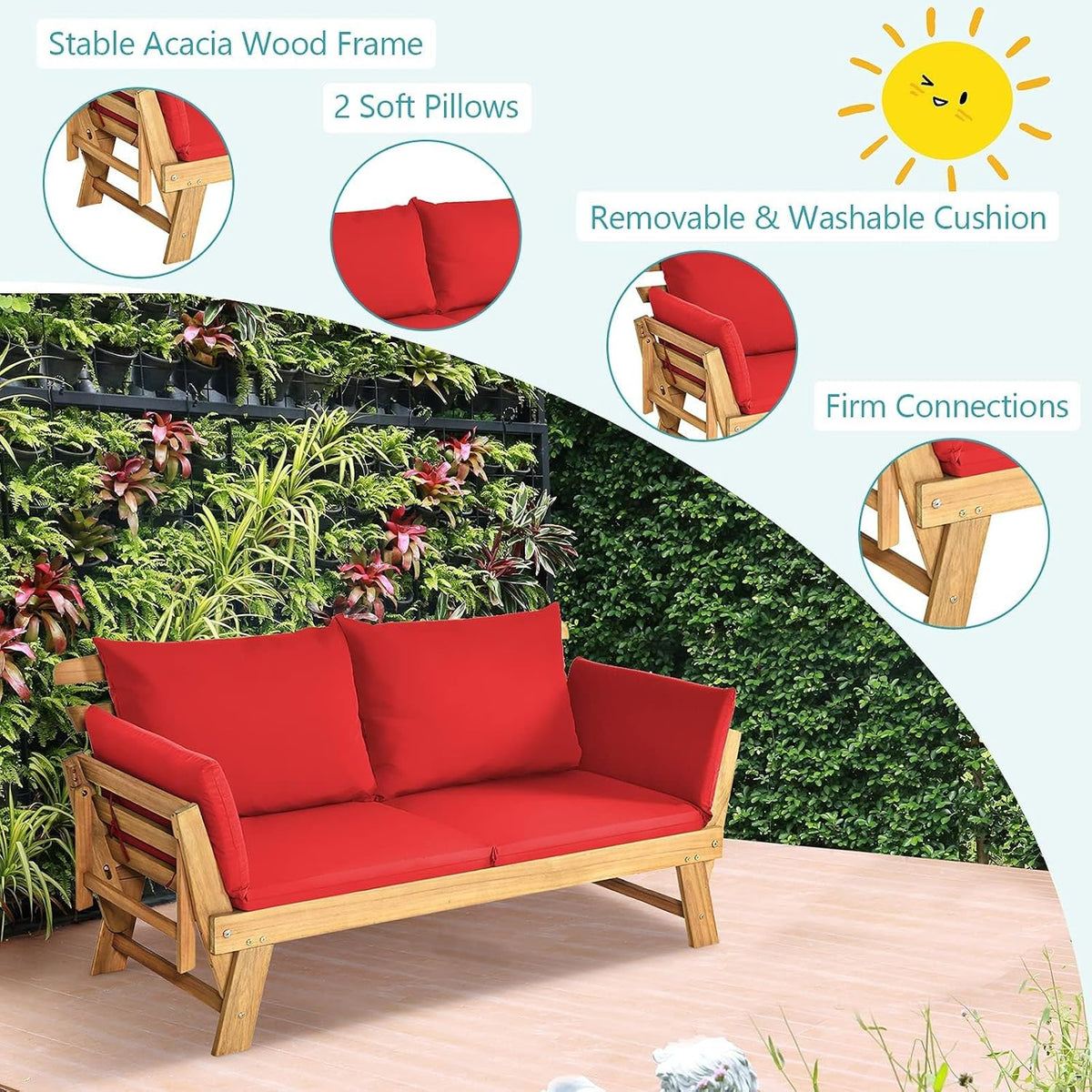 dortala patio convertible couch sofa bed, acacia wood showing dimensions