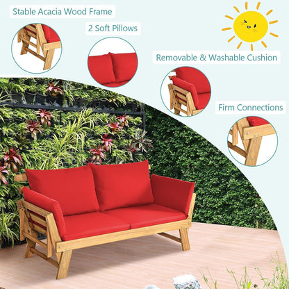 dortala patio convertible couch sofa bed, acacia wood showing dimensions