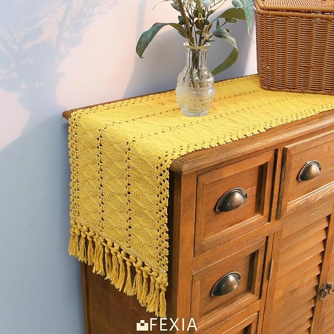 Gold Macrame Table Runner with Tassels - Image 5