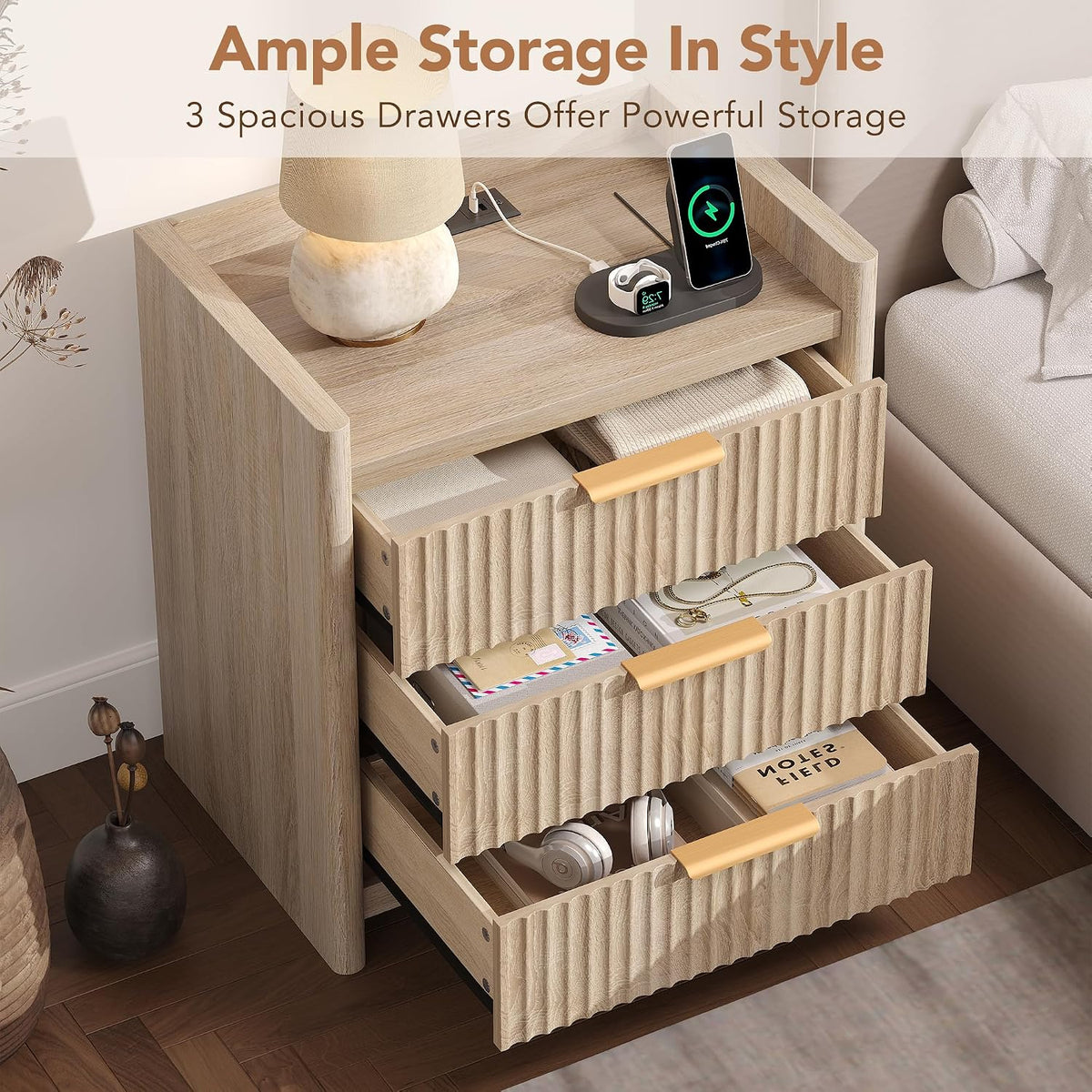 25.9" fluted nightstand with charging station, large bedside, package contents