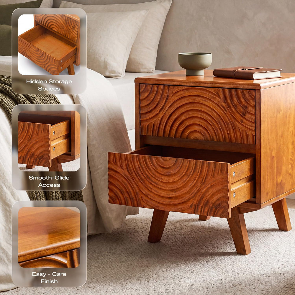 Acacia Harmony Solid Wood Nightstand with 2 Drawers, Bedside Table, Caramel