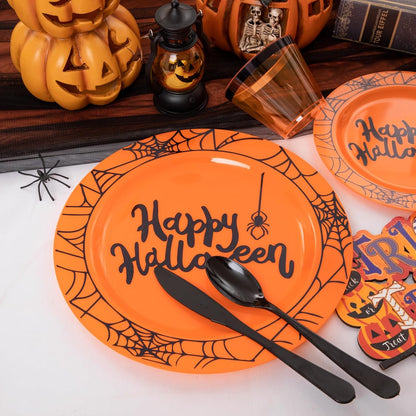 supernal 180 Pcs Orange and Black Halloween Plastic Dinnerware Set for 30