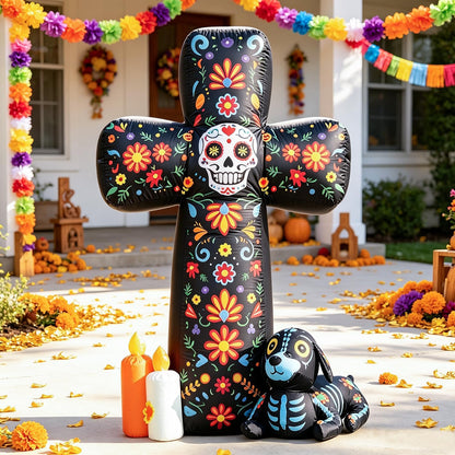 DomKom 6 FT Halloween Inflatable Outdoor Decorations, Day of the Dead Cross Blow Up with Skeleton Dog & Candles, Built-in LED Lights, Día de Los Muertos Yard Decoration for Lawn, Garden, Porch