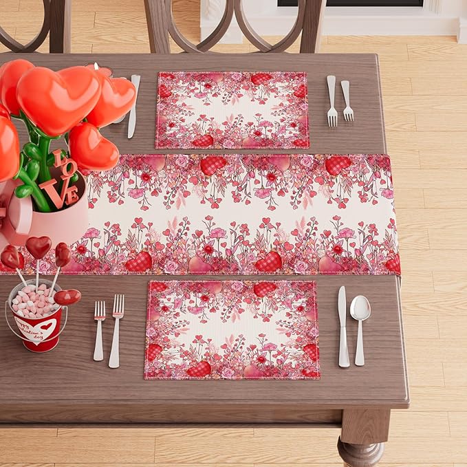 XCHI Wild Flowers Love Hearts Valentine’s Day Placemats Set of 4 Table Mats - Image 3