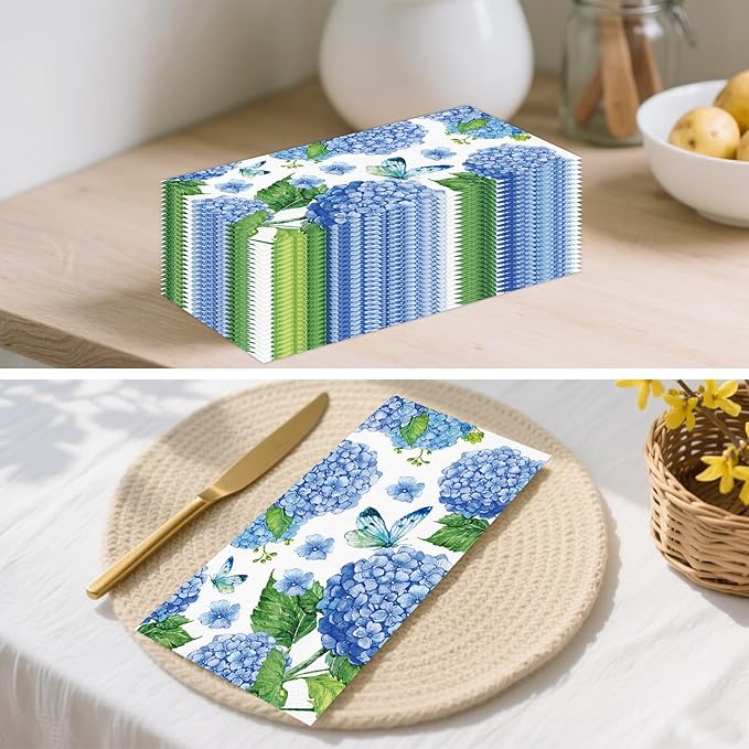 100 PCS Hydrangea Paper Napkins, Disposable Bathroom Hand Towels Blue and White - Image 5