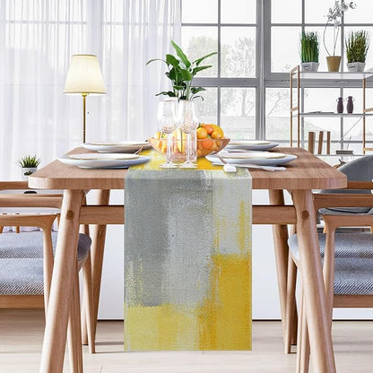 Emvency Yellow Abstract Table Runner, Modern Grey White Art Painting - Image 5