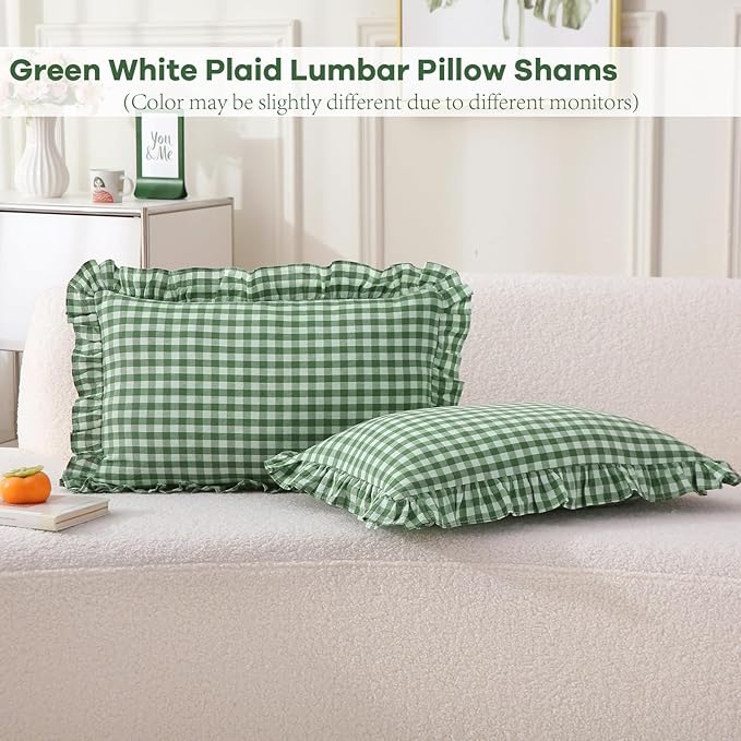 2 Pack Christmas Green White Plaid Ruffle Gingham Lumbar Throw Pillow Covers - Image 2