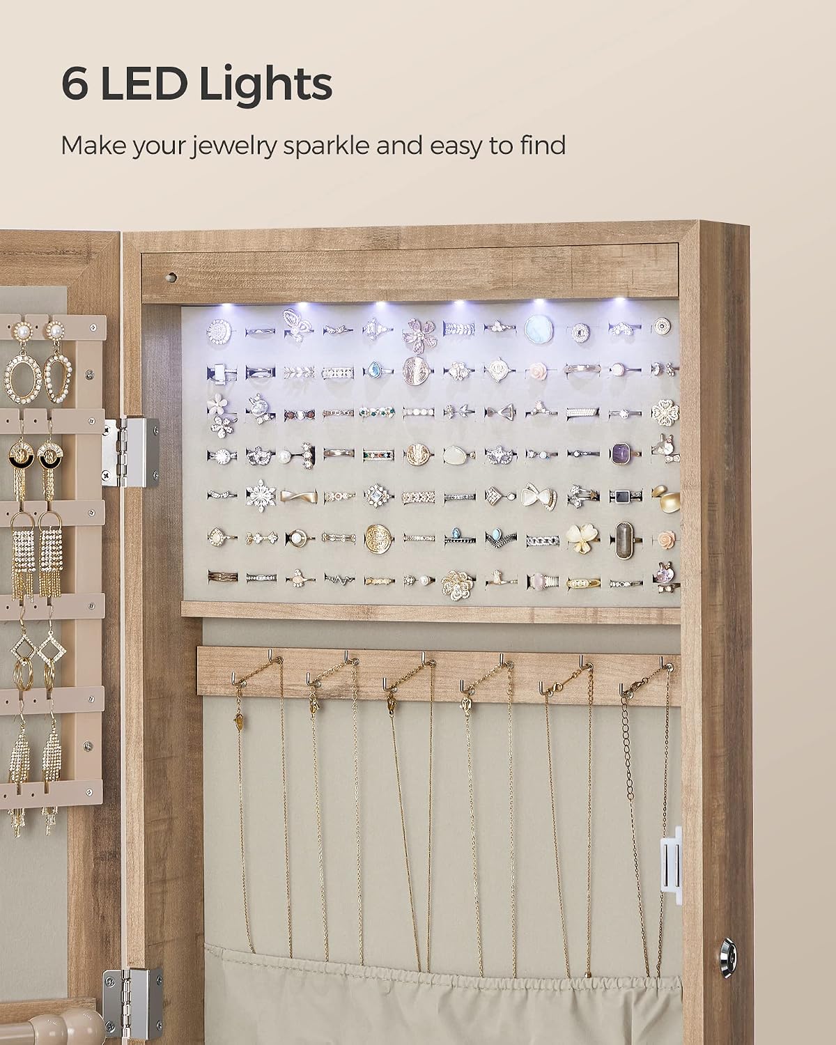 songmics 6 leds mirror jewelry cabinet, 47.2-inch tall on a desk or shelf
