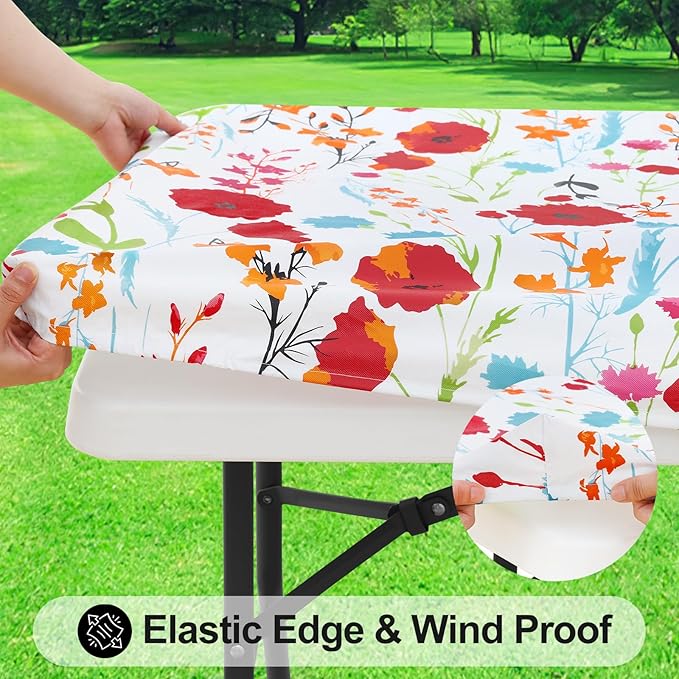 Smiry Rectangle Picnic Tablecloth, Waterproof Elastic Fitted Table Covers - Image 2