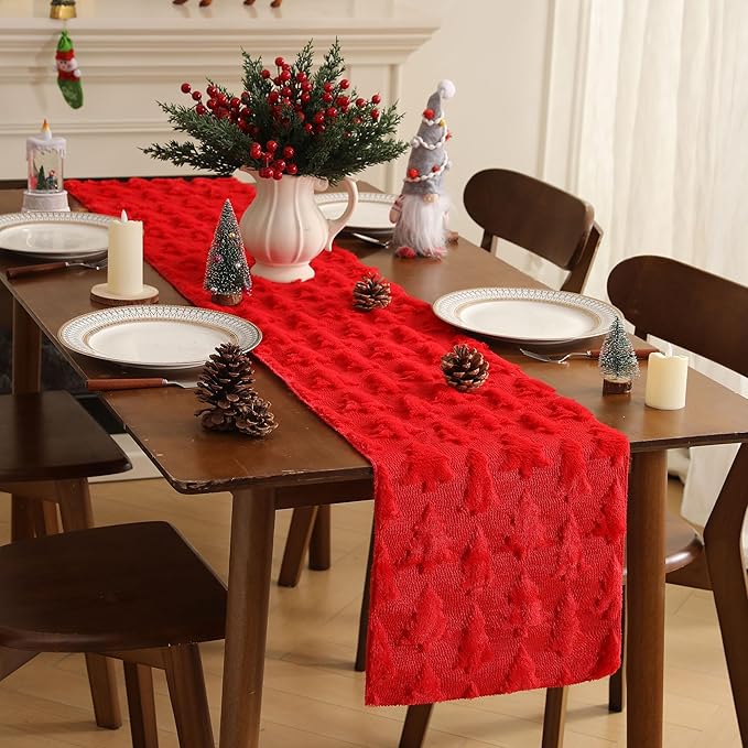 Christmas Tbale Runner 13x72 Inch Soft Plush Faux Fur Jacquard Red Big Small - Image 6