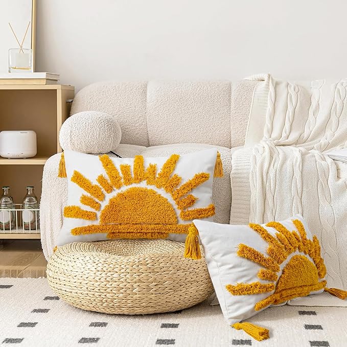 Adabana Boho Decorative Throw Pillow Covers 12x20 Tufted Yellow Sun Sunshine - Image 4
