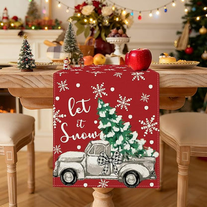 OTOSTAR Truck Christmas Tree Let It Snow Christmas Table Runner, Xmas Seasonal - Image 2