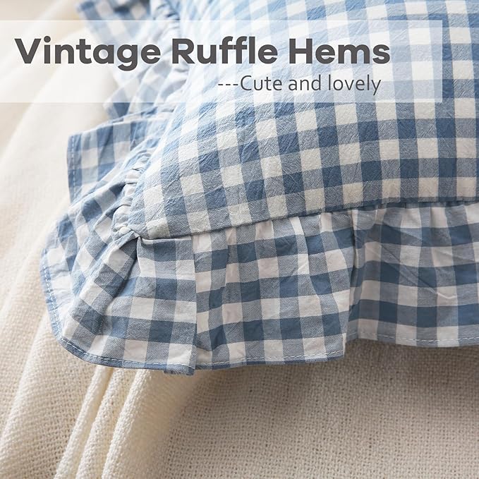 2 Pack Dust Blue White Plaid Gingham Ruffle Throw Pillow Covers, 100% Washed - Image 5