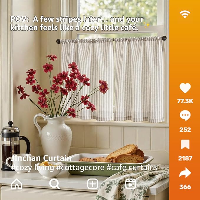 jinchan Striped Linen Kitchen Curtains 20 Inches Tier Curtains Farmhouse Modern - Image 3