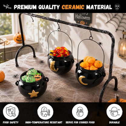 Halloween Decorations 3 Ceramic Witches Cauldron Candy Serving Bowl on Rack, Black Cauldron Snack Bowls Party Decorations, Hocus Pocus Witch Candy Cauldron with Cat, Moon, Star Pattern for Table Decor