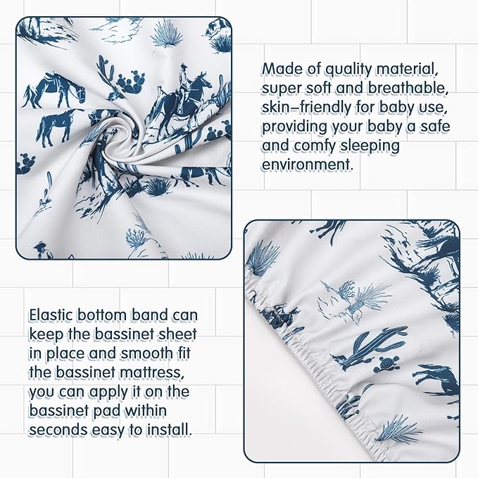 VitalCozy 4 Pcs Vintage Western Cowboy Bassinet Sheets Set 32 x 16 x 3 Inches - Image 3