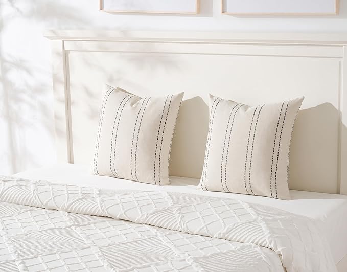 Decorative Throw Pillow Covers 20x20 Inch Set of 2 Linen Striped Accent Neutral - Image 3
