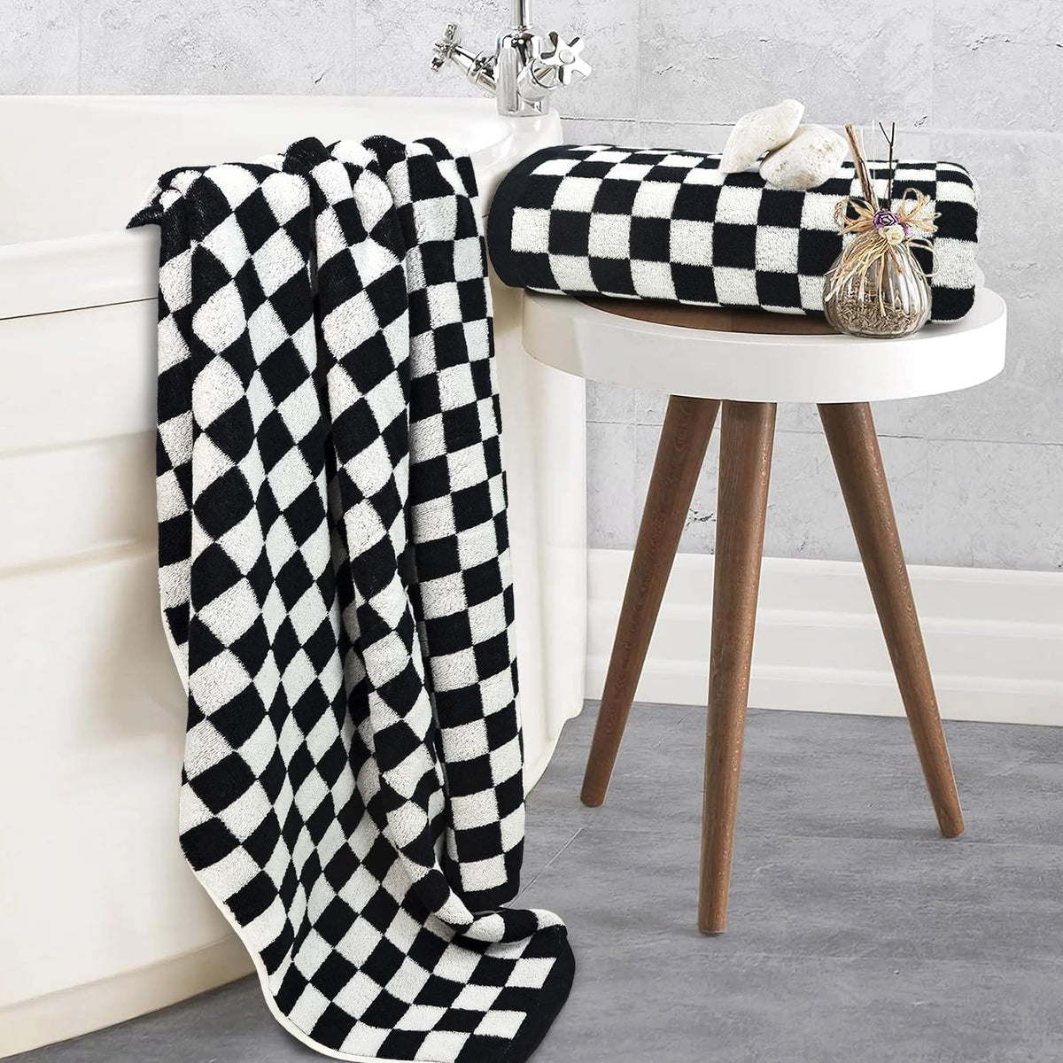 jacquotha black and white checkered cotton bath towels shown in use
