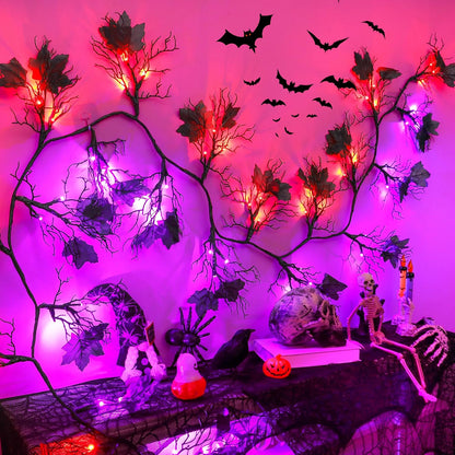 9 Ft 66 LED Willow Vine Twig Decor Black Halloween Garland with Orange Purple Lights, Timer 8 Modes Waterproof Battery Operated Indoor Halloween Decorations for Wall Fireplace Mantle Home Office Decor