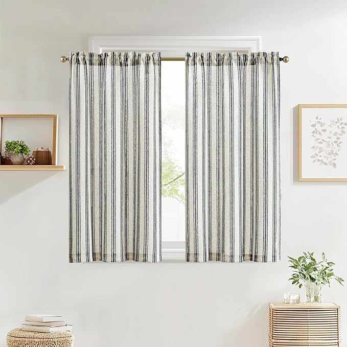 jinchan Striped Linen Kitchen Curtains 36 Inch Tiers Cafe Curtains Farmhouse - Image 3