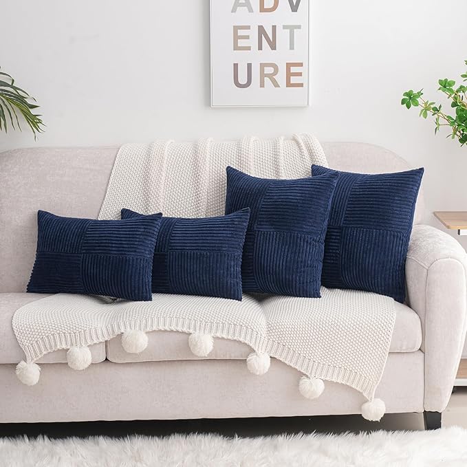 HWY 50 Navy Blue Corduroy Patchwork Throw Pillow Covers 18x18 Inch, Soft Cozy - Image 2