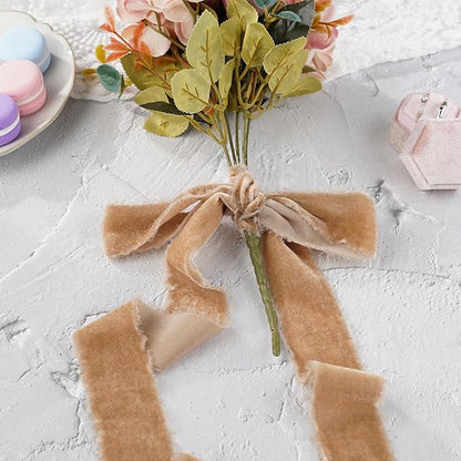 Camel Velvet Ribbon 1.5 Inch Hand Frayed Silk Velvet Ribbon - Image 3