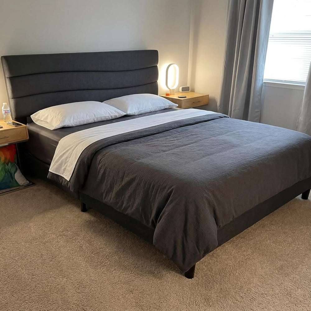 EnHomee King Size Bed with Upholstered Headboard & Charging Station