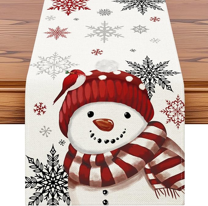 OTOSTAR Snowflakes and Red Snowman Christmas Table Runner, Xmas Seasonal Winter by OTOSTAR