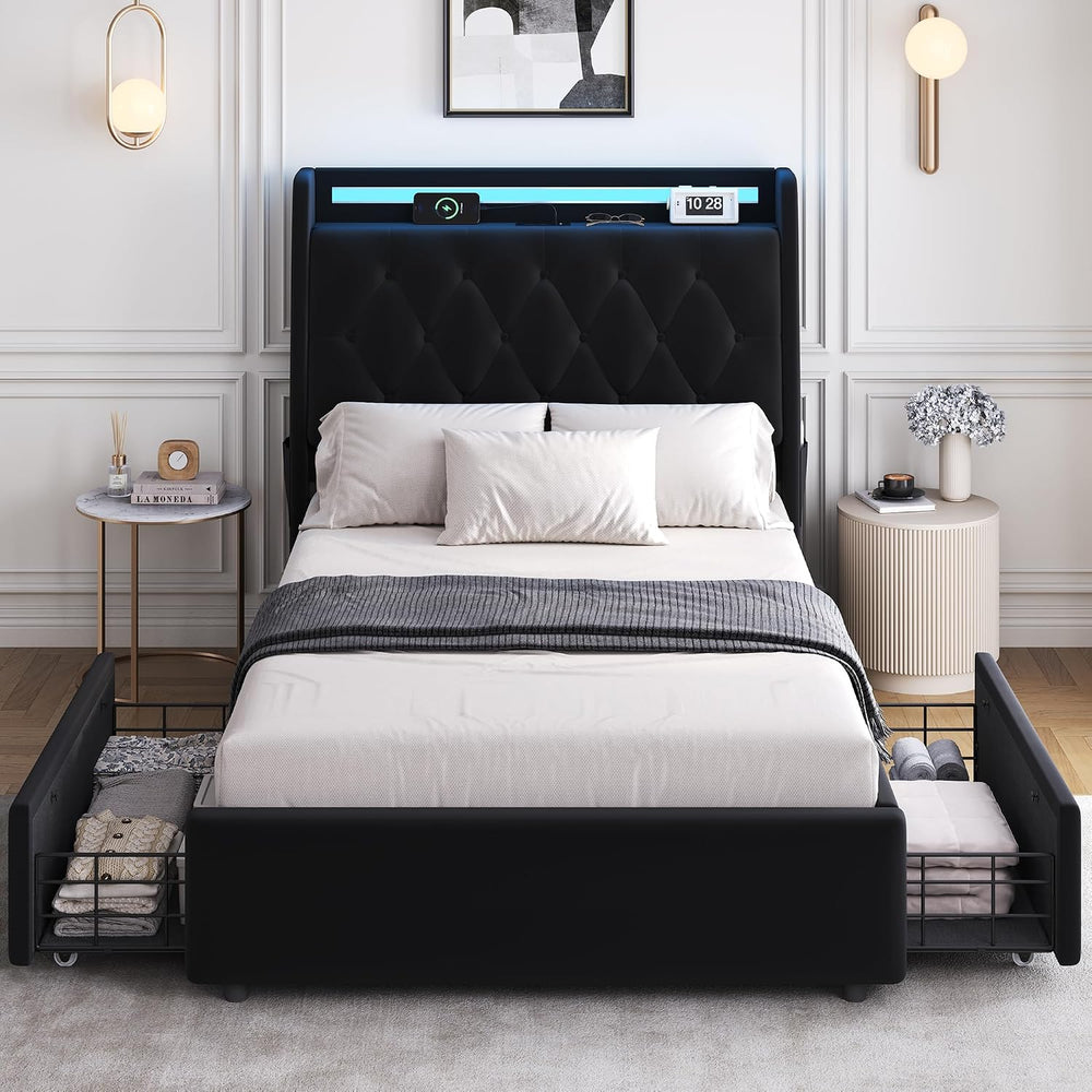 Twin LED Velvet Bed Frame with 2 Storage Drawers&Hidden Headboard, Uphols...