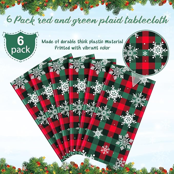 6Pcs Christmas Buffalo Plaid Snowflake Party Tablecloths Decorations, Plastic - Image 4