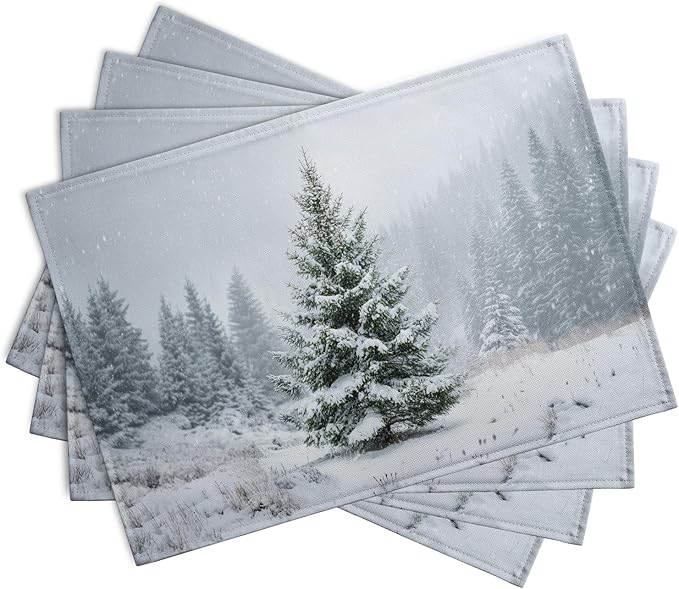 Winter Placemats Set of 4, 12x18 Inch Christmas Pine Tree Snowflake Linen Table - Image 2