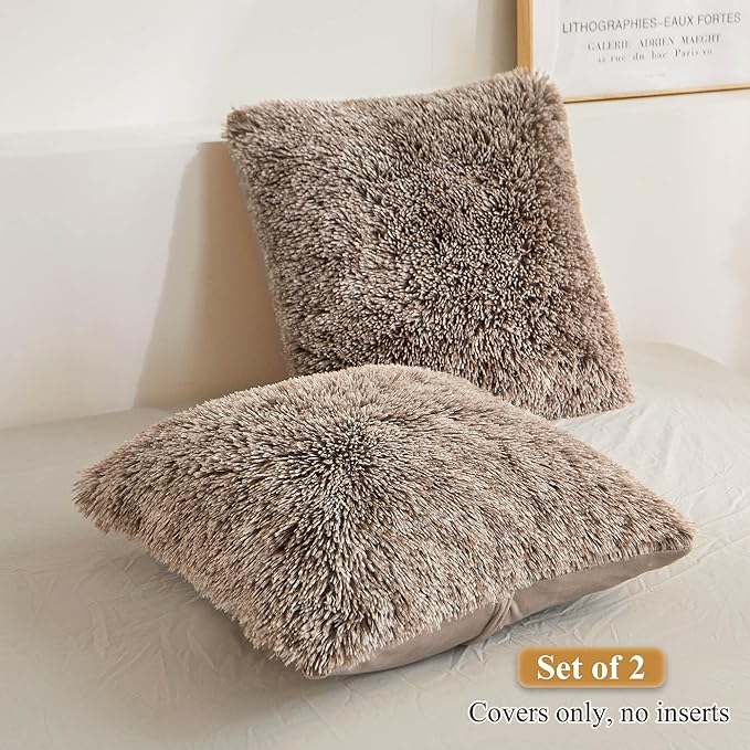 XeGe 2 Pieces Faux Fur Throw Pillow Covers, Shaggy Fluffy Cushion Covers - Image 2