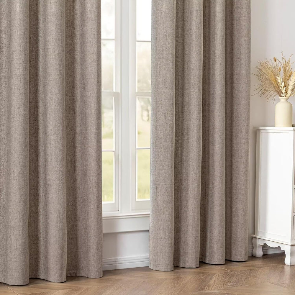 100% Blackout Curtains 96 inch Length Faux Linen (W52 x L96, Beige)