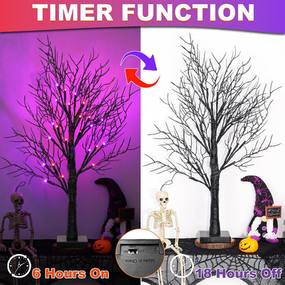 2 Pack 24 Inch Spooky Black Halloween Tree Decorations for Indoor Home Table, Halloween Lighted Tabletop Centerpiece with 24 Orange and Purple LEDs, Timer, USB or Battery Powered