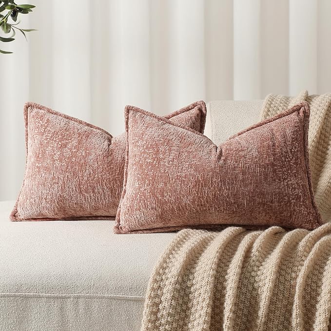 Pack of 2 Pink Decorative Throw Pillow Covers 12x20 Cozy Soft Chenille Boho by DEZENE