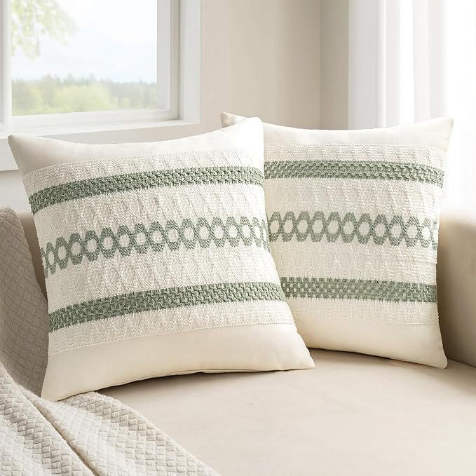 MIULEE Set of 2 Sage Green Boho Decorative Pillow Covers 18x18 Inch Farmhouse by MIULEE
