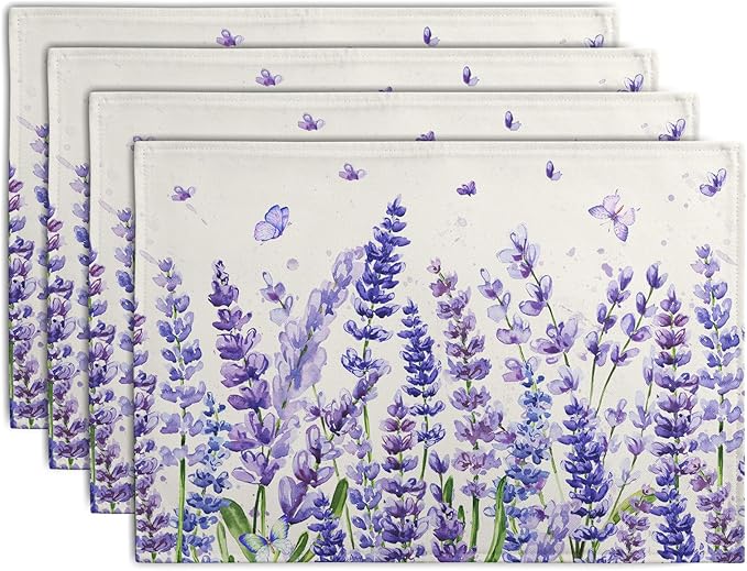 Lavender Placemats Set of 4 Purple Flower Butterfly Linen Fabric Table Mats by Wnoesat