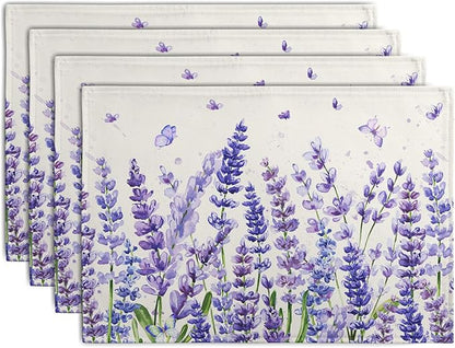Lavender Placemats Set of 4 Purple Flower Butterfly Linen Fabric Table Mats by Wnoesat